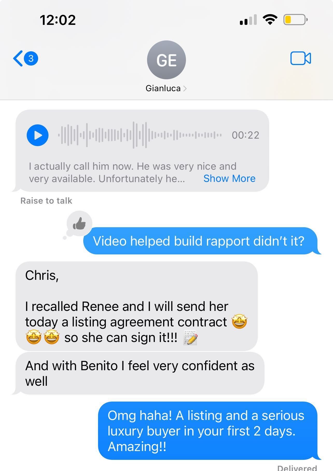 Client text: sending the listing agreement to sign