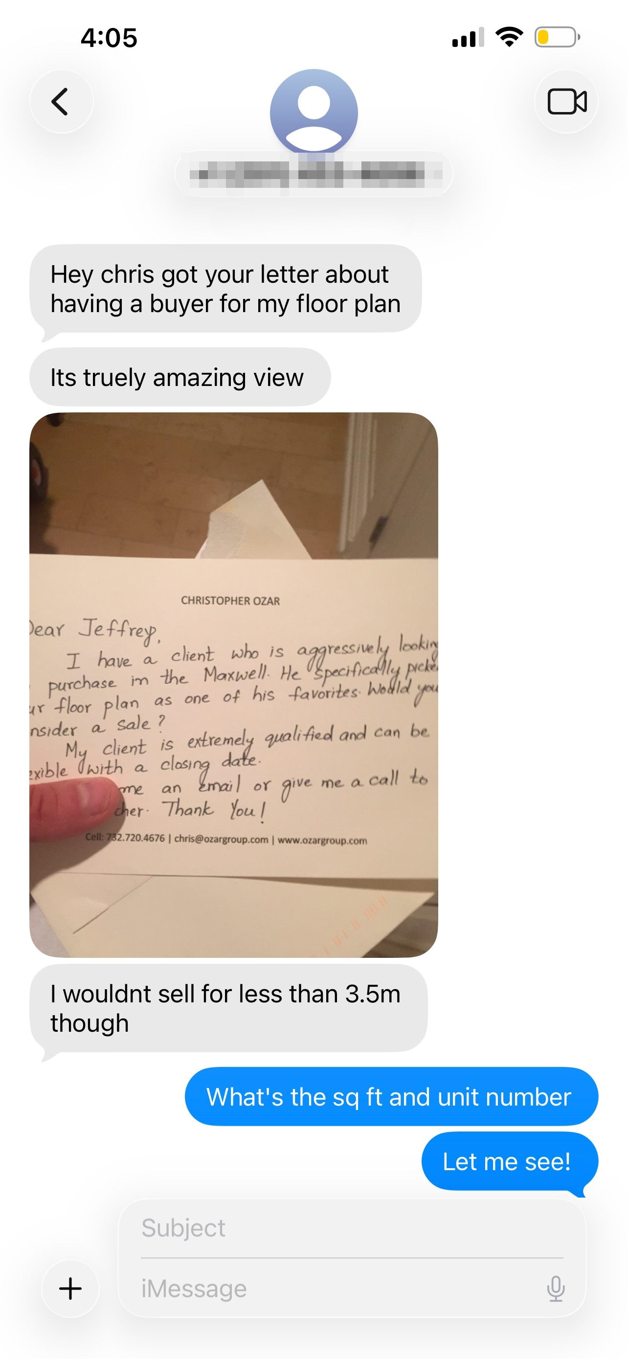 Homeowner text reply: got your letter about having a buyer for my floor plan